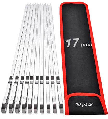 17 Inch Long Stainless Steel Skewers for Kabobs,HONSHEN Flat Shish Kabob Barbecue Skewers with Storage Bag - Metal BBQ Skewers for Grilling Meat, Chicken, Shrimp, Vegetables - 10 Pack