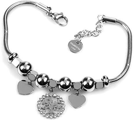 Flowers Bracciale Donna in Acciaio Inossidabile con ciondoli Vari. Cuore, Stella, Albero della Vita, Quadrifoglio. Portafortuna. Interamente in Acciaio e brillantissimi Strass (Albero della Vita)