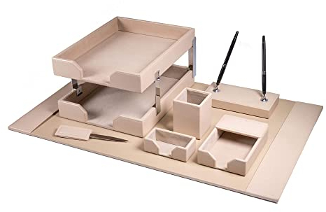 Dacasso Bonded Set Luxus Leder Schreibtischunterlage & Schreibtisch-Organisations-Essentials, 9-teilig, Weiß Latte