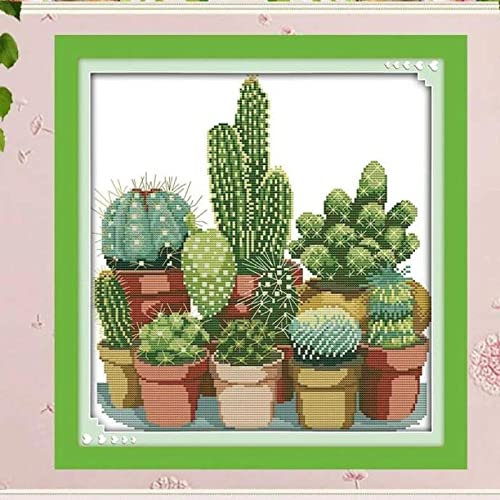 Taxpy Kit Canevas Broderie Point De Croix Complet Adulte Débutant, Motifs Cactus, 30X40Cm, Pré Imprimé Enfant, Avec Fils