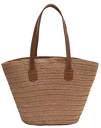 ACMEDE Strohtaschen Damen, Sommer Strandtasche Stroh Groß Geflochten Korbtasche Stroh Handtasche Basttasche mit Reißverschluss und Leder Schultergurt für Strand Reise Einkauf (Braun)