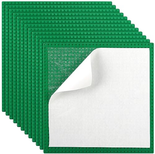 ZEAYEA 12 Pack Peel and Stick Baseplates, 10 x 10 Self Adhesive Building Base, Compatible with Most Standard Building Bricks, Building Brick Plates for Activity Tables, Walls, Green