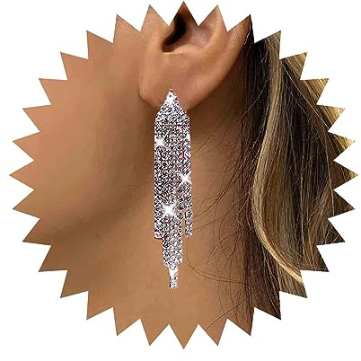 TseenYi Lange Kristall Quaste Ohrringe Boho Strass Fransen Ohrringe Strass Lange Baumeln Tropfen Ohrringe Funkelnden Kristall Braut Ohrringe Schmuck Für Frauen Und Mädchen (Silber)