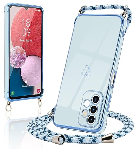 Micoden Handykette kompatibel mit Samsung Galaxy A13 4G Ultra dünn Kameraschutz Herz Love Design Galvanik TPU Silikon Bumper Kordel zum Umhängen Handyhülle mit Band,Blau
