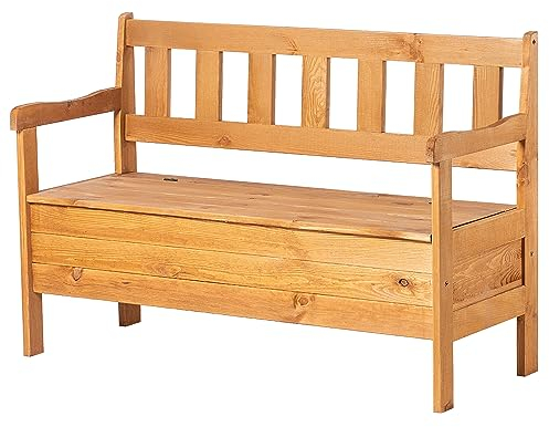 KADAX Gartenbank, 120x49x81,5cm Banktruhe aus Einer Holzfaserplatte, Sitzbank mit Stauraum und Rücklehne, Wetterfeste Holzbank für Garten, Balkon (120cm/Braun)