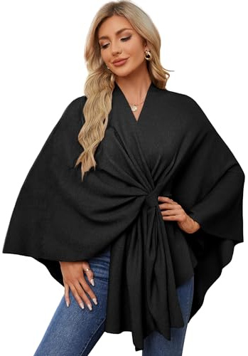 PULI Women Elegant Shawl Wrap Open Front Poncho Sweater Fall Winter Black