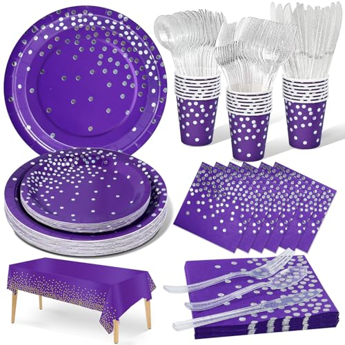 Nkaiso 141 Piezas Morado y plata Vajilla Fiesta Cumpleaños, Platos y Vaso Cumpleaños Infantil, Juego de vajilla para Fiestas Platos Vasos Servilletas Reutilizable Cubiertos -20 Invitados