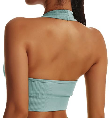 Vertvie Neckholder Sport BH Rückenfrei Fitness Bustier Damen Gepolstert Push Up BH Ohne Bügel Sport Top Yoga Bra Mittlerer Halt Workout(Hellblau,S)