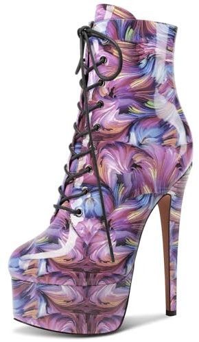 NobleOnly Donna Spillo Alto High Piattaforma Tacco Heel Rotonda Punta Lacci Cerniera Ballo Stivaletti 15 CM Heels Vortice Viola 44 EU