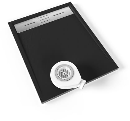 Moments of Glass Piatto doccia SMC Hiemal 90 x 70 cm, nero RAL 7021 – antisdrucciolevole, texture lavagna, antibatterico, resistente agli agenti chimici – Include valvola e griglia inox