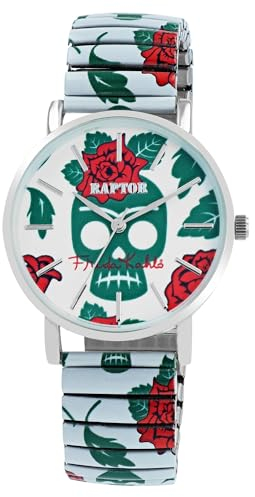 Raptor Damenarmbanduhr Frida Kahlo Edition mit Zugband (Mehrfarbig - Totenkopf mit Rosen)