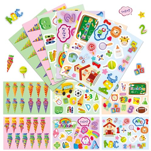 12pcs Einschulung Sticker Schulanfang Aufkleber für Mädchen Jungen, Schulkind Schulanfang Geschenke, Schuleinführung Sticker Set für 1. Schultag Party Mitgebsel Geschenk