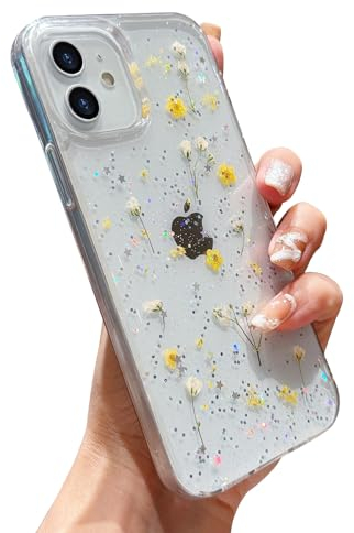 L-FADNUT for iPhone 11 Case, Cute Real Dried Flowers with Sparkle Glitter Design, Clear Shockproof Handmade Pressed Floral Phone Case Silicone Bumper Protective Cover for Women Girls Yellow