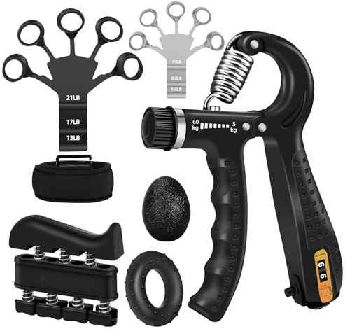 5PCS Grip Strength Trainer Kit with Adjustable Hand and Forearm Gripper, Hand Extension Exerciser, Finger Exerciser, Grip Ring & Stress Relief Grip Ball for Muscle Building and Injury Recover