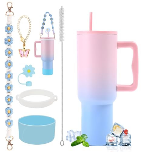 40 oz Tumbler with Handle and Straw & 6PCS Cup Accessories-BPA-Free Travel Mug Water Bottle-Easy to Carry-Travel Coffee Mug - Dishwasher Safe-Holiday Gifts for Women Men (Bubble)