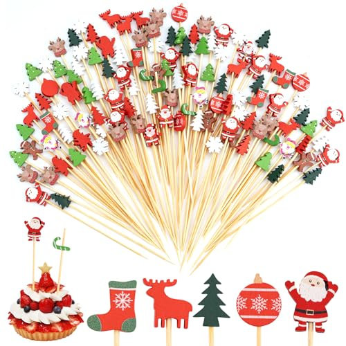 200 Piezas Navidad Pinchos de Cocktail, Palillos de Cócteles de Navidad 13cm, Brochetas de Frutas de Papá Noel, Árbol de Navidad, Alce, Copo de Nieve, Bar Invierno de Navidad Fiesta Cóctel Decoración
