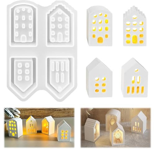 Aulese Silikonform Gießformen Häuser 4 Stück, Mini Silikonform Haus, 3D DIY Giessformen Silikon Gießform Weihnachten (Mini, Rund)