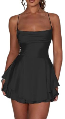 Acrawnni Women Satin Backless Mini Romper Dress Cowl Neck Tie Ruffle Layer Spaghetti Strap Cami Playsuits Jumpsuit Mini Dress with Shorts (A-Black, S)