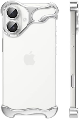 UZEUZA Frameless Hülle Metall für iPhone 16, Handyhülle Rahmenlose Minimalistischen Design, Schutzhülle Kameraschutz,Aluminium Schale Dünn Slim Aesthetic Bumper Stoßfeste Case,Titan Silber