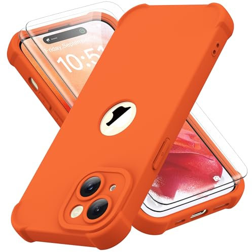 ORETECH for iPhone 15 Case 6.1 inch, with [2 Pack Screen Protector] [Camera Lens Guard] [15FT Military Grade Drop Test] 360° Shockproof Slim Fit Design Rubber Bumper Phone Cover - Orange