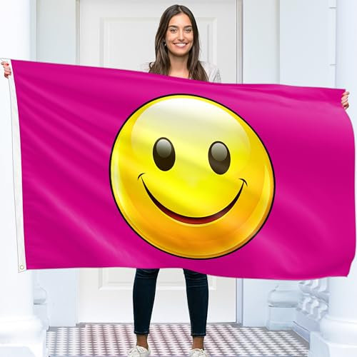 Pink Smiley Face Flag – Funny Flag – Smiley Face Banner - 110D polyester - Double Seam - 4 brass eyelets, large 5ft x 3ft