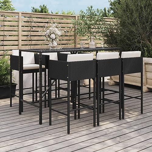 7-TLG. Gartenbar-Set mit Kissen Schwarz Poly Rattan,Stylisches GartenbarSet mit komfortablen Barhockern und robuster Bauweise Gartenmöbel