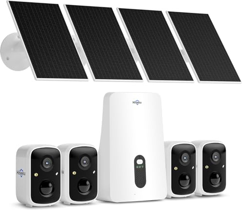 Hiseeu Kit Videosorveglianza Solare Wireless Esterno, 4X4MP Telecamere con HiseeuBase, 500G HDD, Visione Notturna a Colori, Audio Bidirezionale, Allarme PIR