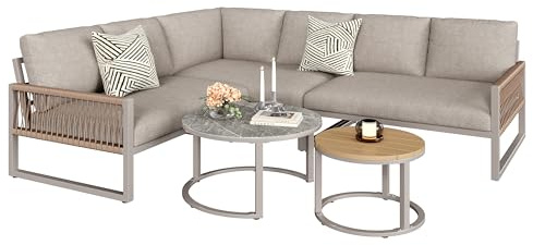 xixiworkshop Garten-Lounge-Set, Möbelset für 6-7 Personen, Ecksofa mit verzinktem Eisengestell, verstellbare Beine, inklusive Aller Sitz- und Rückenkissen, Grau/Beige (Grau, B)