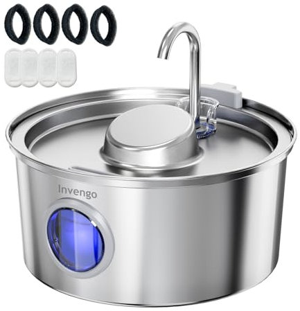 Invengo MeowFlow B40P Fontaine à Eau pour Chat 3,2 L en Acier Inoxydable, 2 Modes d’écoulement, côtés Anti-éclaboussures, 4 filtres de Rechange Inclus – Convient aux Chats et Petits Chiens