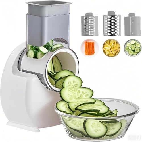 Electric Cheese Grater, Salad Maker Multi Fruit Cutter for Vegetables, 50W Electric Rotary Chopper Slicer with Stainless Steel Cone Blades for Home Kitchen Use (White)