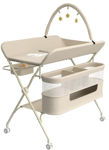 OHMG Table à Langer Pliable, Plan à Langer avec Panier Latéral et roulettes et 3 Jouets,Organiseur de Couches 5 Réglable en Hauteur, Rangement Multifonction pour Chambres d'enfant,75x68x83-91cm