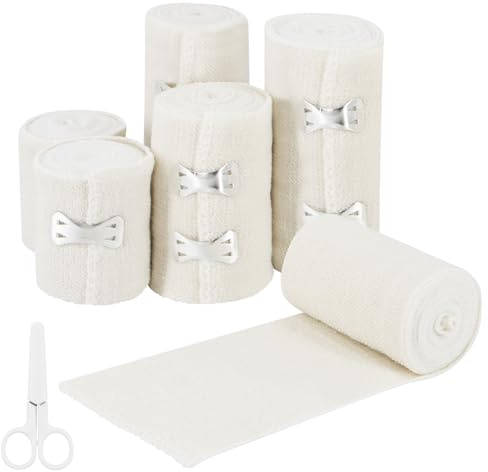 BORISCA 6 Rollen Elastische Bandage, Elastischer Verband mit Metallclips, Fixierbinde Elastische Binden Verband mit Schere, 3 Größen Elastikbinden, Stützverband für Handgelenke Knöchel Knie (Weiß)