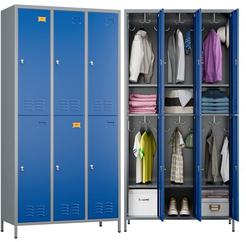 LOCENHU Schrank Spind Spint Schließfachschrank Metallschrank mit 6 Fächern/27 Haken/Etikettenhalter/Lüftungsschlitze/Metall Pulverbeschichtet 183X90X40CM(Grau/Blau)