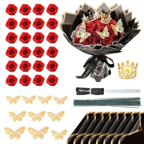 FARYODI Glitzer Rosenstrauß 24 Stück, DIY Gefälschte Glitzer Rosen Blumenstrauß mit Krone Geschenke für Hochzeit Jubiläum Verlobung Geburtstag Weihnachten Valentinstag (Rot)