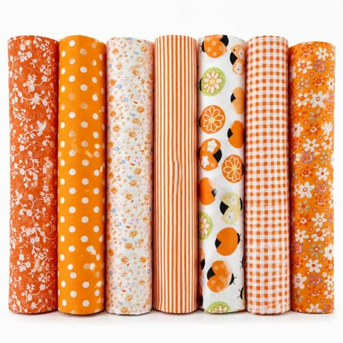 NEUJUS 7er Set Baumwollstoff 50x50cm – Stoff Meterware aus 100% Baumwolle, Patchwork Stoffe Paket, Stoffreste zum Nähen, Basteln & Quilten, Verschiedene Designs, DIY Stoffe (7 Stück Orange)
