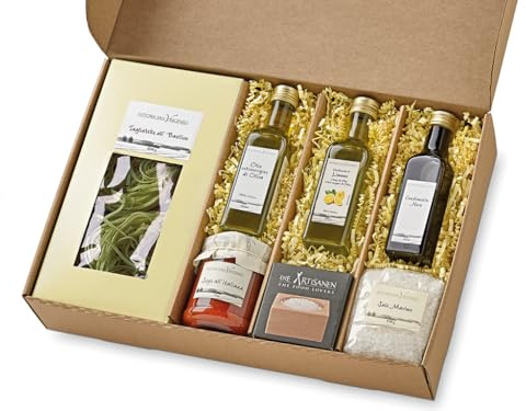 Geschenk Feinkost Geschenkkorb Cucina Italiana Geschenk-Set Italien Präsentkorb mit Basilico Pasta Olivenölen Essig Meersalz und Salzfass talienische Spezialitäten (Geschenkkorb Cucina Italiana)