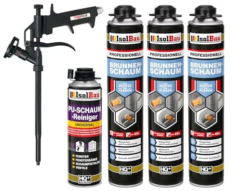 Isolbau - Brunnenschaum 1K Bauschaum Wasserdicht Aussen und Innen - 3 x Montageschaum 750 ml, 1 x PU-Schaum-Reiniger & 1 x Schaumpistole - PU-Schaum - Pistolenschaum Dämmschaum Isolierschaum