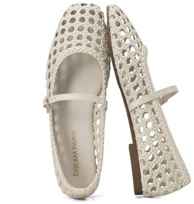DREAM PAIRS Woven Ballet Mary Jane Flats for Women Dressy Comfortable Square Toe Ballerina Flats with Adjustable Buckle Strap for Work Casual Travel Daily,Size 9,Beige,SDFA26006W