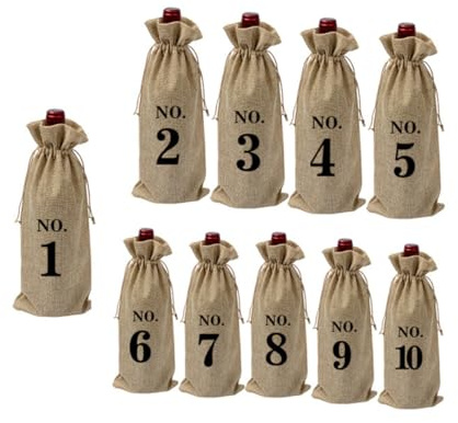 HOMOBABE 10pcs Vintage Linen Wine Bottle Bags Numbered 1 to 10 European Style Rustic Wine Pouches for Wedding Party Decoration Cloth Carrier Bags 15x35cm