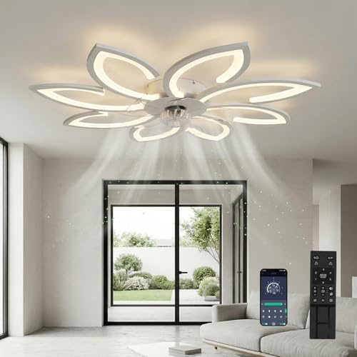 DATO Ventilador de Techo con Luz Silencioso con Control Remoto, Temporizador y Diseño en Forma de Flor, Lampara Ventilador Techo Dormitorio (90 cm)