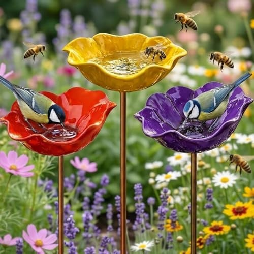 3 styck vinterbeständiga blomformade fågelbad, foderstation för fåglar och insekter, blomformade fågelbad i metall, trädgårdsdricks för bin, foderdisk, för gräsmatta (röd+gul+lila)