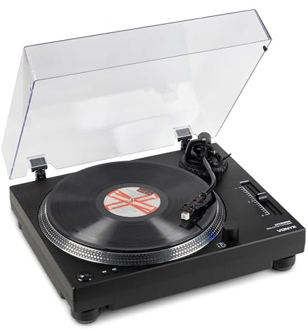 Vonyx DT3000 – Tocadiscos de Vinilo de tracción por Correa con cápsula Audio Technica, USB para digitalizar, preamplificador Phono/línea, Brazo en S y Control Pitch para DJ y HiFi, Color Negro