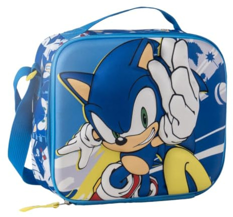 Bolsa Isotérmica 3D Sonic para Niños y Niñas - Lonchera Térmica Infantil Azul con Asa y Correa Bandolera, Bolsillo de Malla Lateral y Cierre de Cremallera, Talla Única para Colegio y Excursiones