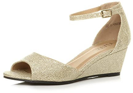 Womens Ladies Low mid Wedge Heel Ankle Strap Casual Evening Sandals Size, 7 UK, Gold Mesh Glitter