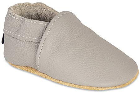 HMIYA Weiche Leder Krabbelschuhe Babyschuhe Lauflernschuhe mit Wildledersohlen für Jungen und Mädchen(0-6 Monate,Hellgrau)