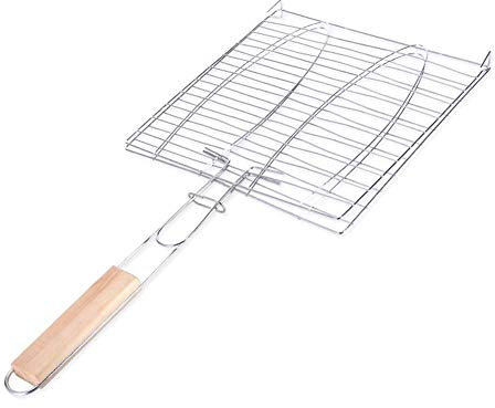 Weiqiao® Grillrost aus Edelstahl, quadratisch, mit Holzgriffen, für Fische, Wurst, Fleisch, Camping, 39,5 x 21,5 cm