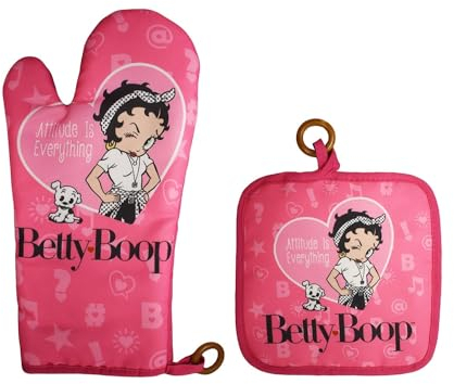 Betty Boop Oven Mitt & Pot Holder Set – “Attitude is Everything” Pink Kitchen Set – Officially Licensed Retro Cookware by Midsouth Products