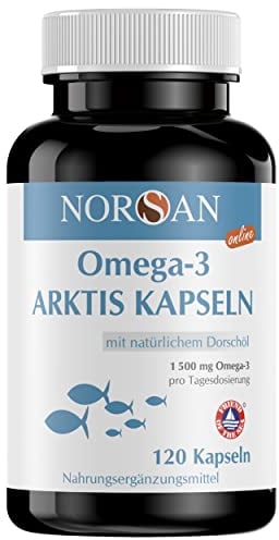 NORSAN Premium Omega 3 Huile de foie de morue de l'Arctique 120 capsules / 1.500mg d' oméga-3 dose journalière/huile de poisson 480mg EPA & 720mg DHA/oméga 3 capsules issues de la pêche durable