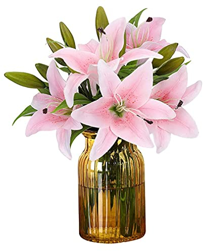 HAOSHICS 6 fiori di giglio artificiali, bouquet di giglio finti, in lattice, veri al tatto, per casa, ufficio, matrimoni, feste, vasi, centrotavola, decorazione (rosa chiaro)