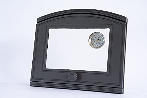 Euro Sezam - Puerta de horno de fundición de grafito - Puerta de horno maciza gruesa para zurdos - - DZL15T500 - Puerta simple con ventana de vidrio y termómetro de 500C - 372x320 mm